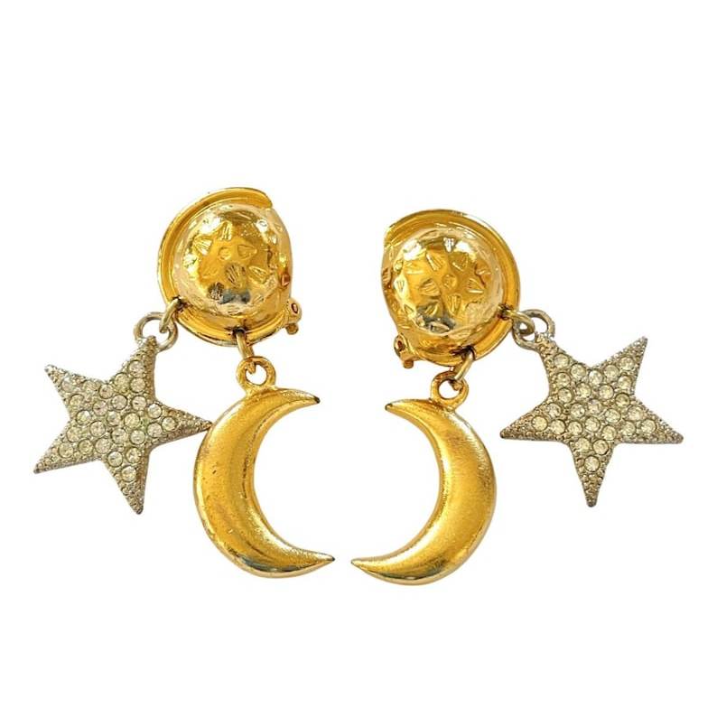 Celine W1 Vintage Golden Moon And Crystal Star Dangle Earrings